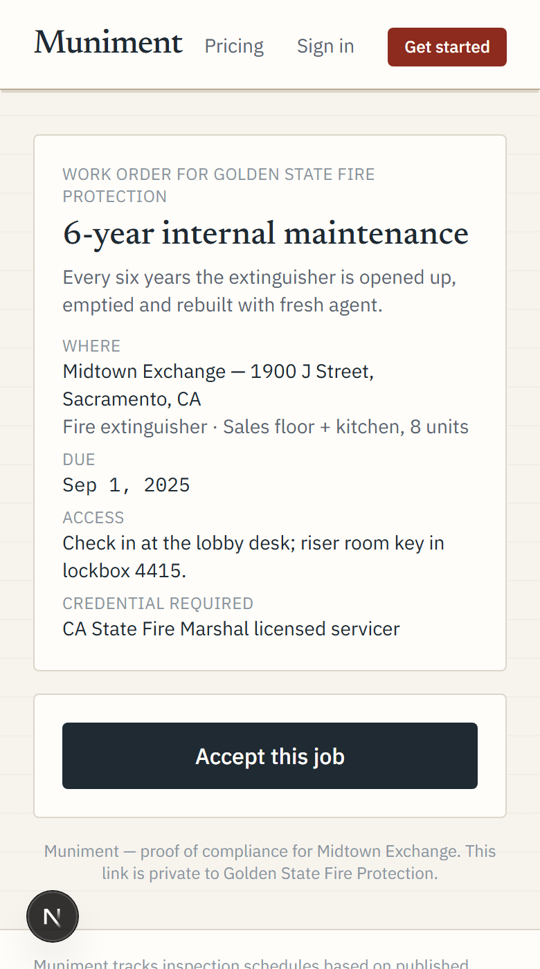 The vendor portal on a phone: job details, access instructions, and an Accept this job button
